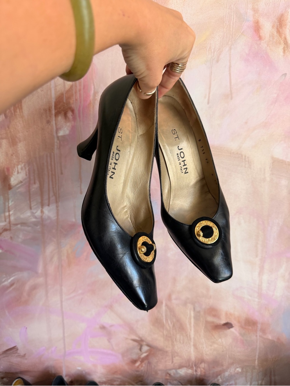 St. John Black Leather Pointed Pumps with Gold Medallion